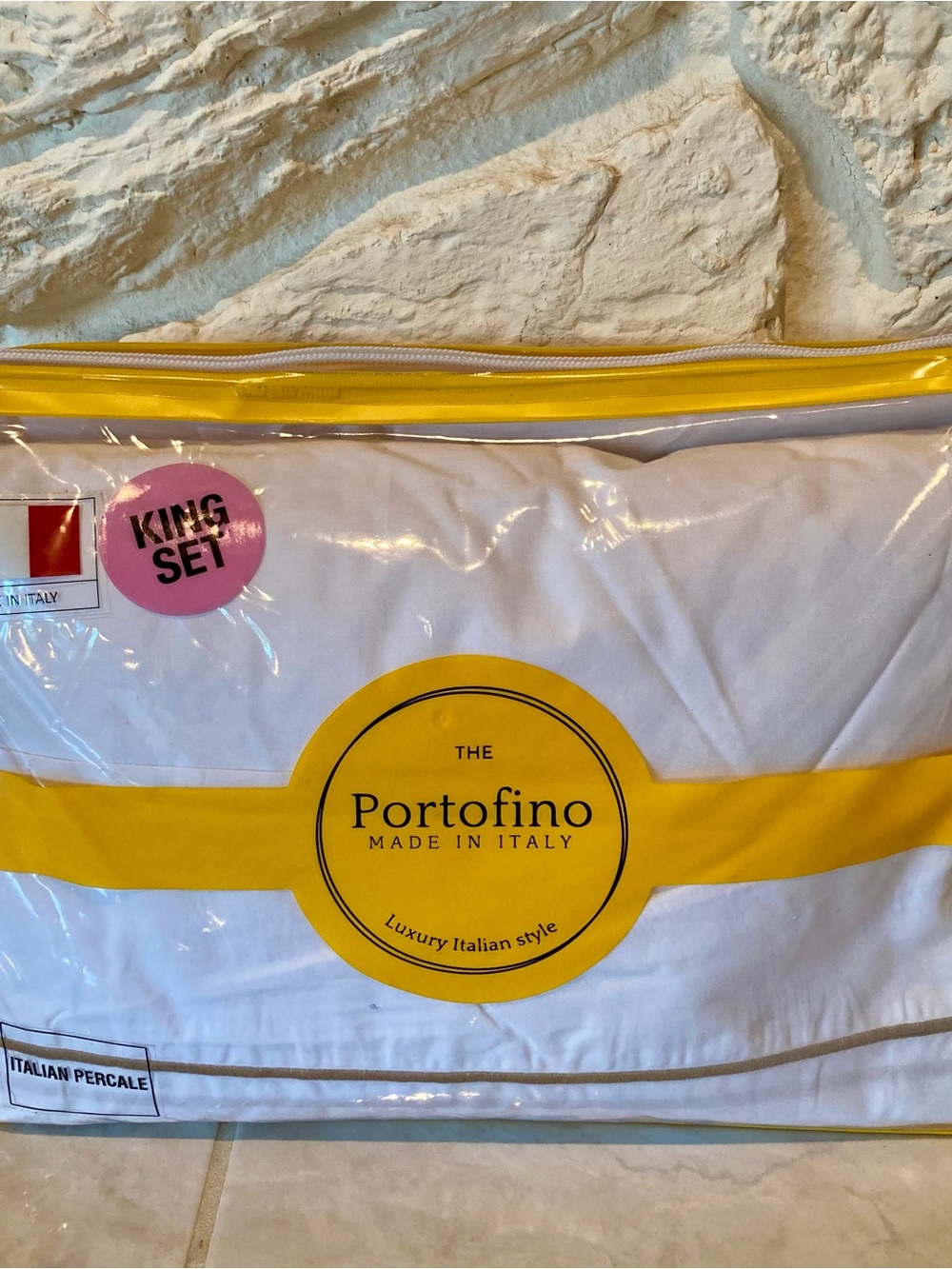 NEW Portfolio Hemstitch KING Sheet Set, Pure White Cotton with taupe hemstitch